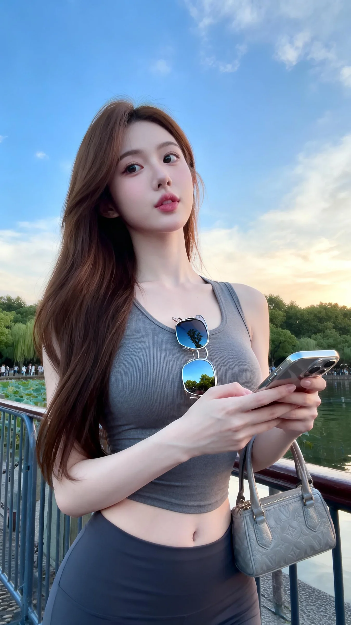 湖边健身女生